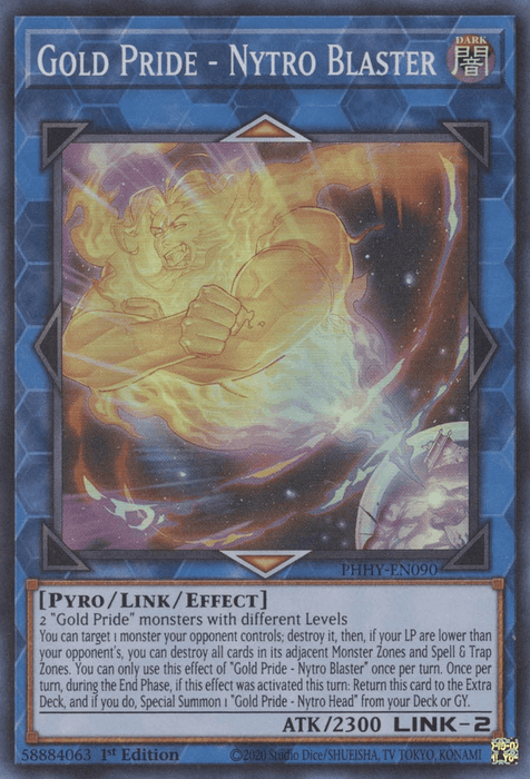Gold Pride - Nytro Blaster [PHHY-EN090] Super Rare" is a formidable Link Monster from the Yu-Gi-Oh! trading card game. It depicts a fiery humanoid figure blasting energy from its hand amidst flames. The card's description outlines its special effects and summoning conditions, boasting stats of ATK/2300 and LINK-2.