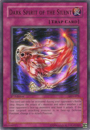 The image displays a Yu-Gi-Oh! Super Rare Normal Trap Card titled "Dark Spirit of the Silent [LON-079]" from the Labyrinth of Nightmare set, featuring a ghostly figure with long hair and outstretched hands. This 1st Edition card allows you to negate an opponent’s monster attack and redirect it to another face-up monster.