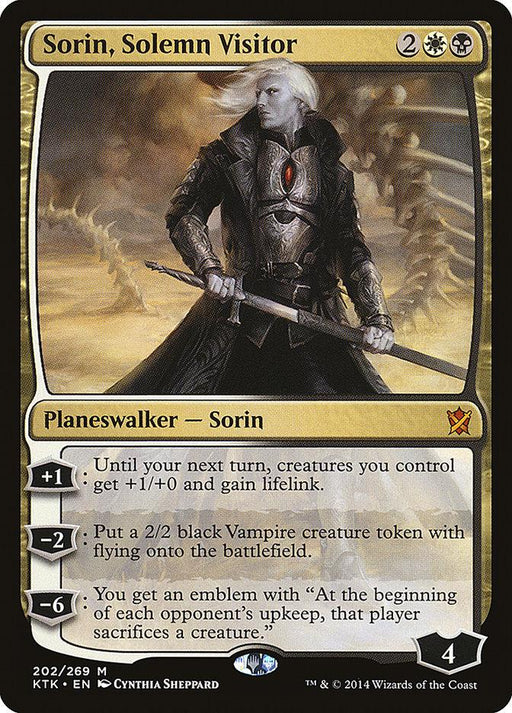 A Magic: The Gathering product titled "Sorin, Solemn Visitor [Khans of Tarkir]," a Legendary Planeswalker from the Khans of Tarkir set. It depicts Sorin, a pale, armored vampire with white hair, holding a sword. The card's mana cost is 2WB. Sorin has three abilities, starting loyalty of 4, and artwork by Cynthia Sheppard. Card number is