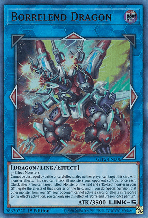 A Yu-Gi-Oh! trading card titled "Borrelend Dragon [GFP2-EN006] Ultra Rare," from the Ghosts From the Past series. It features a mechanical dragon with sleek, sharp armor, blue and red glowing details, and a dynamic battle stance. The card has "ATK/3500" and "LINK-5" stats, along with detailed effect text in a white box at the bottom.