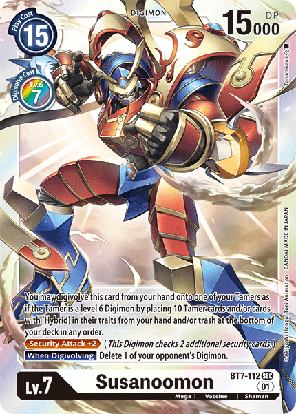 The image is a Secret Rare Digimon trading card featuring "Susanoomon [BT7-112] [Next Adventure]" from the Digimon brand. It displays a formidable character in red and gold armor wielding a sword, set against a dynamic, abstract background. The card details include "Level 7," "15,000 DP," and special effects like "Security Attack +2.