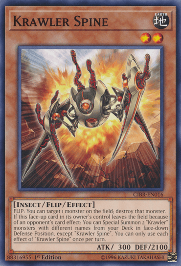 A Yu-Gi-Oh! card depicting Krawler Spine [CIBR-EN016] Common, a Flip/Effect Monster from the Circuit Break set, showcasing an insectoid creature with a metallic, robotic appearance. The creature’s legs end in sharp points and it's set against a backdrop of flames and sharp beams of light. It has 2 stars with 300 ATK and 2100 DEF.