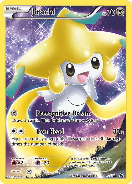 A Pokémon trading card featuring Jirachi. Jirachi is a white, star-headed Pokémon with yellow accents and blue eyes. The promo card has 70 HP and depicts Jirachi in a cosmic background. It has two moves: "Precognitive Dream" and "Iron Head." The card number is Jirachi (XY112) [XY: Black Star Promos], part of the XY: Black Star Promos series, illustrated by Kagem. This product is produced by the brand Pokémon.
