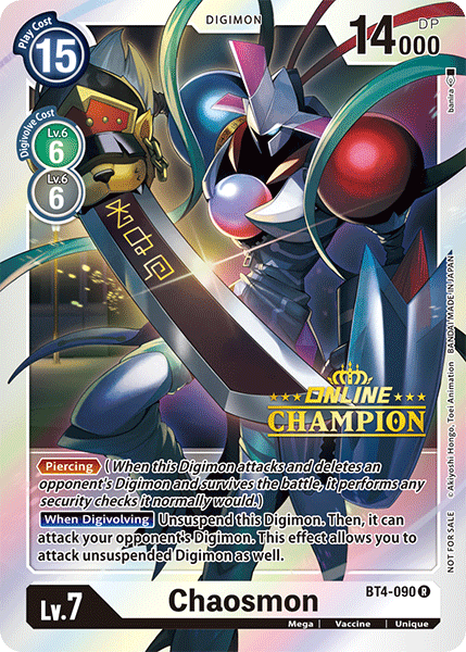 Introducing the rare digital trading card, Chaosmon [BT4-090] (Online Champion) from Digimon’s Great Legend Promos. This Mega Digimon character is a humanoid creature adorned with green, black, and gold armor, and wielding a large sword. The card has a play cost of 15, 14000 DP, and is at level 7. Its text features the abilities "Piercing" and "When Digivolving." In the top right corner, it proudly reads "ONLINE CHAMPION.