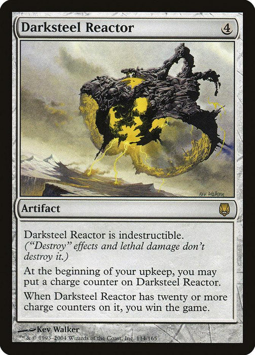 The Darksteel Reactor [Darksteel] Magic: The Gathering card, a rare artifact, depicts a dark, floating mechanical construct with yellow energy emanating from its core. The card text explains that it is indestructible and gains counters on each upkeep. If it reaches twenty counters, the player wins the game.