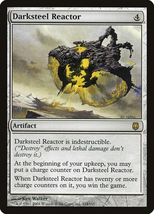 The Darksteel Reactor [Darksteel] Magic: The Gathering card, a rare artifact, depicts a dark, floating mechanical construct with yellow energy emanating from its core. The card text explains that it is indestructible and gains counters on each upkeep. If it reaches twenty counters, the player wins the game.