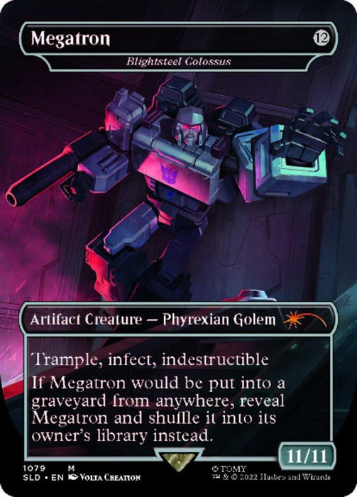 A Magic: The Gathering card featuring "Blightsteel Colossus - Megatron (Borderless) [Secret Lair Drop Series]" from the Secret Lair Drop Series. This Artifact Creature boasts 11/11 power and toughness with Trample, Infect, and Indestructible abilities. Megatron is a Phyrexian Golem depicted in a dynamic robot pose with purple and metallic hues.