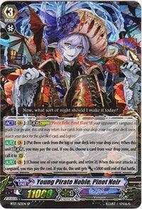 A fantasy-themed card from "Cardfight!! Vanguard" by Bushiroad, featuring the character Young Pirate Noble, Pinot Noir (BT17/S13EN) [Blazing Perdition ver.E]. Dressed in elaborate, colorful pirate attire and holding a lantern, this Granblue member exudes charm. Text descriptions and stats are visible, along with various icons and graphic elements.