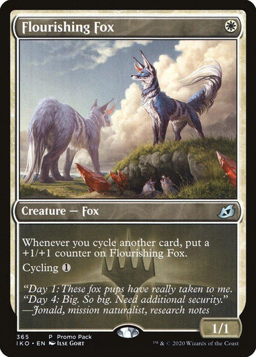 Flourishing Fox (Promo Pack)" from Magic: The Gathering's Ikoria: Lair of Behemoths Promos is a fantasy card depicting a majestic fox on a grassy hill. Accompanied by two smaller, playful foxes, the card features game text related to cycling and includes an excerpt from the storyline. Its design is adorned with ornate borders and showcases a rich green palette.