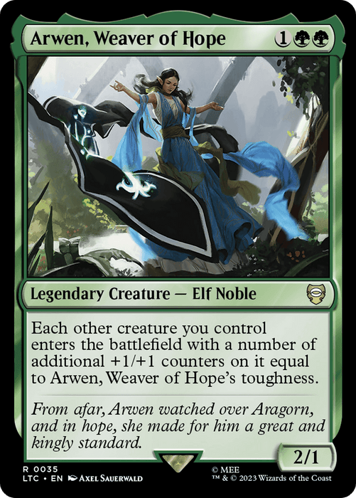 A Magic: The Gathering card named "Arwen, Weaver of Hope [The Lord of the Rings: Tales of Middle-Earth Commander]." It costs 1 generic, 1 green, and 1 white mana. The card is a Legendary Creature – Elf Noble from The Lord of the Rings universe. It has a power of 2 and a toughness of 1, with an ability that boosts other creatures with +1/+1 counters. The art depicts Ar