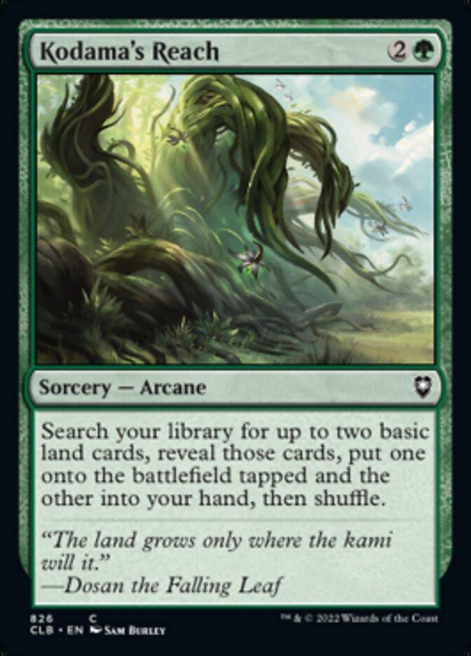 Kodama's Reach [Commander Legends: Battle for Baldur's Gate] Magic: The Gathering card, featured in Commander Legends, depicts twisted, sentient plants reaching skyward. This green sorcery costs 2 colorless and 1 green mana. The text reads: 