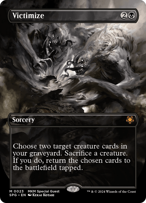 A Magic: The Gathering card named "Victimize (Borderless) [Murders at Karlov Manor Special Guests]," requiring 2 colorless mana and 1 black mana. The card's art portrays a dark, chaotic scene with ghostly, menacing figures. This Mythic Sorcery lets you choose two creature cards in your graveyard, demanding a creature sacrifice to return them tapped.