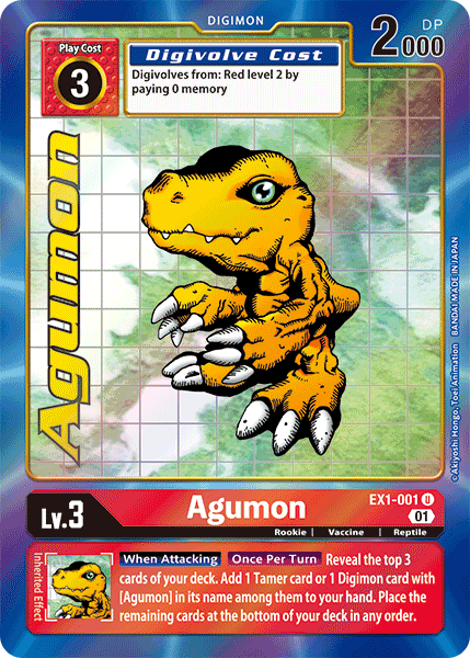 A Digimon trading card from the Classic Collection featuring Agumon [EX1-001] (Alternate Art) [Classic Collection]. Agumon, a small yellow dinosaur-like creature with green eyes and sharp claws, boasts stats like a Digivolve Cost of 3, 2000 DP, Level 3 Rookie, and Vaccine type. A special move description graces the bottom left corner.