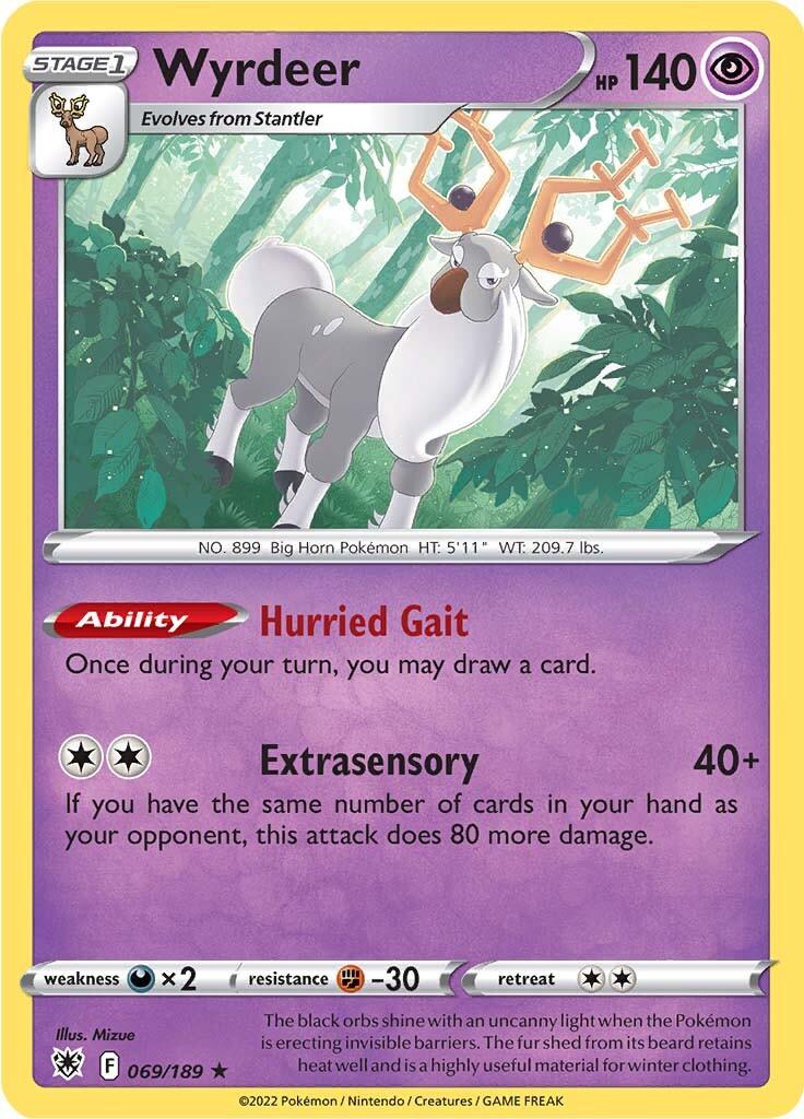 A Pokémon Wyrdeer (069/189) (Theme Deck Exclusive) [Sword & Shield: Astral Radiance] from the brand Pokémon. Depicted as a large, white deer with gray fur on its neck and two elaborate antlers, it boasts the ability 