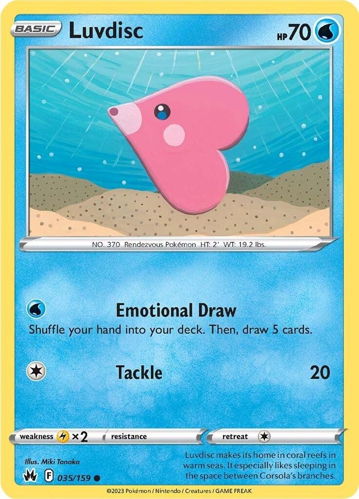 A Pokémon Luvdisc (035/159) [Sword & Shield: Crown Zenith] card with 70 HP from the Sword & Shield series. The card features an illustration of a heart-shaped, pink fish-like creature underwater. The moves listed are 