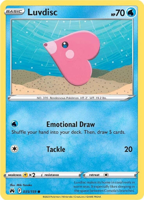 A Pokémon Luvdisc (035/159) [Sword & Shield: Crown Zenith] card with 70 HP from the Sword & Shield series. The card features an illustration of a heart-shaped, pink fish-like creature underwater. The moves listed are "Emotional Draw" and "Tackle". The card has illustrator credit "Miki Tanaka" and is numbered 035/159. The lower text mentions Luvdisc's behavior.