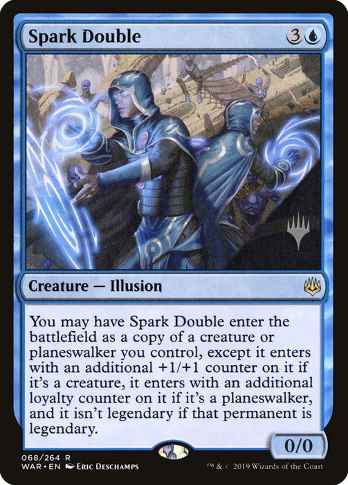 The Magic: The Gathering card "Spark Double (Promo Pack) [War of the Spark Promos]" from War of the Spark features an illustration of a blue-hooded illusionist conjuring a magical double of himself. The Creature Illusion mirrors his actions with glowing energy. The card text explains the creature enters as a copy of another creature or planeswalker with a +1/+1 or loyalty counter.
