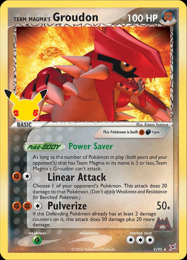 A Team Magma's Groudon (9/95) [Celebrations: 25th Anniversary - Classic Collection] from the Classic Collection featuring Team Magma's Groudon with 100 HP. This Holo Rare card depicts Groudon as a large, red creature with black markings and includes details about its 