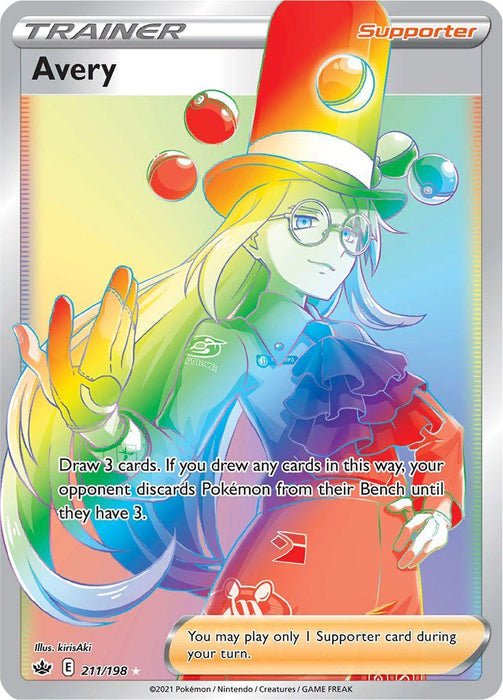 A vibrant Pokémon trainer card from the Chilling Reign set features a character named Avery. With long, flowing hair and a tall, multicolored hat with a gold band, glasses, and a cape adorned with rainbow hues, this Secret Rare card details Avery's ability to alter the game state by having opponents discard their Pokémon cards. The card is known as Avery (211/198) [Sword & Shield: Chilling Reign], brought to you by Pokémon.