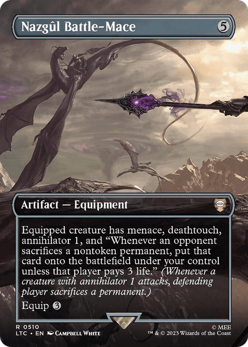 A Magic: The Gathering card titled "Nazgul Battle-Mace (Borderless) [The Lord of the Rings: Tales of Middle-Earth Commander]" features a black, spiky mace with purple accents floating against a dark, eerie landscape. The card text describes its abilities, requiring 5 mana to cast and 3 mana to equip. The scene includes ominous skies and jagged mountains.