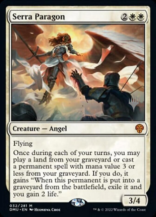 A "Serra Paragon (Promo Pack) [Dominaria United Promos]" Magic: The Gathering card features a mythic creature—Angel with white wings flying in the sky, reaching out to a figure on a cliff. The card details its abilities, mana cost (2 white, 2 colorless), and stats (3 power, 4 toughness) along with the artist's name and copyright info.