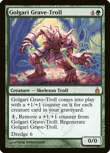 Magic: The Gathering card titled "Golgari Grave-Troll [Ravnica: City of Guilds]." This green card from Ravnica: City of Guilds features an undead, armored creature with ragged wings and green toxic sludges. It gains +1/+1 counters for creatures in the graveyard and has a powerful "Dredge 6" ability.