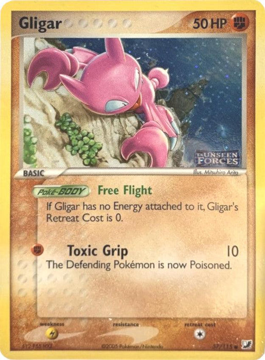 A Pokémon Gligar (57/115) (Stamped) [EX: Unseen Forces] trading card, featuring a pink, bat-like creature with pincers and wings, clinging to a cliffside. The Fighting-type card has 50 HP and abilities: "Free Flight" and "Toxic Grip" (10 damage). With a Retreat cost Colorless, it's from the EX Unseen Forces set, illustrated by Mitsuhiro Arita.