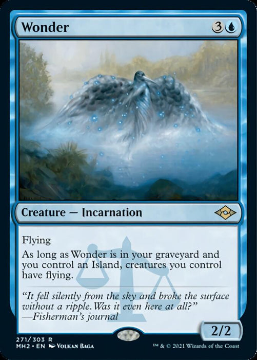 A Magic: The Gathering product titled Wonder [Modern Horizons 2]. It is blue and costs 3 colorless and 1 blue mana. It is a Creature — Incarnation from Modern Horizons 2, with 2 power and 2 toughness. The text reads, "Flying. As long as Wonder is in your graveyard and you control an Island, creatures you control have flying.