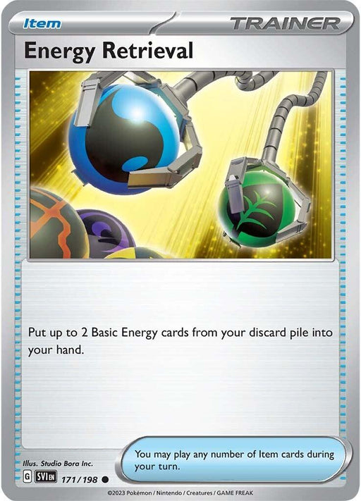A Pokémon card titled "Energy Retrieval (171/198) [Scarlet & Violet: Base Set]" from the Scarlet & Violet set. The card, classified as an Item, features an illustration of two glowing spheres, one blue and one green, held by mechanical arms against a bright yellow-orange background. The text reads, "Put up to 2 Basic Energy cards from your discard pile into your hand.