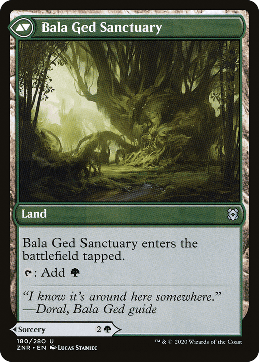 The image displays a Magic: The Gathering card named "Bala Ged Recovery // Bala Ged Sanctuary [Secret Lair: From Cute to Brute]" from the Magic: The Gathering series. It is a land card that enters the battlefield tapped and can add green mana to your mana pool. The artwork features a lush, dense forest with ancient, gnarled trees and rays of light filtering through the canopy.