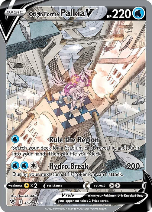 A Pokémon card featuring Origin Forme Palkia V (167/189) [Sword & Shield: Astral Radiance] from Pokémon. This Ultra Rare Water Type card displays 220 HP, moves "Rule the Region" and "Hydro Break" (200 damage), with Palkia in a dynamic pose amid geometric, futuristic elements. It has intricate artwork and a silver border.