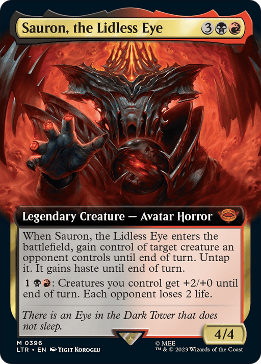 The image shows a Magic: The Gathering card titled "Sauron, the Lidless Eye (Extended Art) [The Lord of the Rings: Tales of Middle-Earth]". Sauron, from The Lord of the Rings, is depicted as a fiery, menacing figure with a single glowing eye. This 4/4 Legendary Creature - Avatar Horror has abilities that allow controlling an opponent's creature and boosting creatures' power.