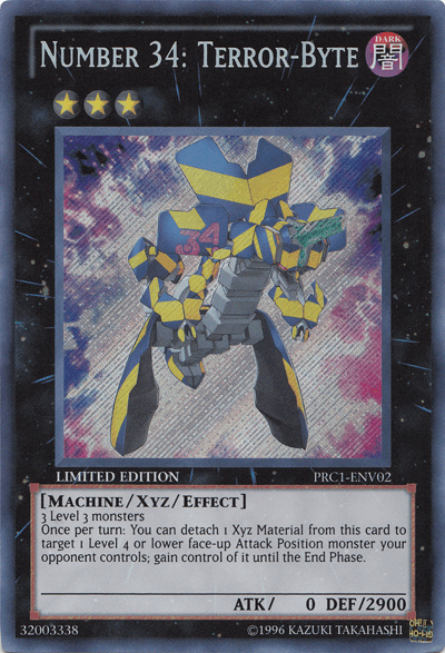 A "Yu-Gi-Oh!" trading card for "Number 34: Terror-Byte [PRC1-ENV02] Secret Rare." The Secret Rare card from the 2012 Premium Collection Tin features an illustrated robotic insect with yellow and blue armor and glowing red eyes. This DARK, LIMITED EDITION Xyz/Effect Monster boasts 0 ATK and 2900 DEF.