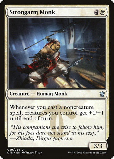 A Magic: The Gathering card named "Strongarm Monk [Dragons of Tarkir]" costs 4W and features a powerful Human Monk equipped with a weapon. The monk is depicted in mid-leap, exuding intense motion. It is classified as a 3/3 Creature - Human Monk that grants an ability to give creatures you control a +1/+1 boost whenever you cast noncreature spells.