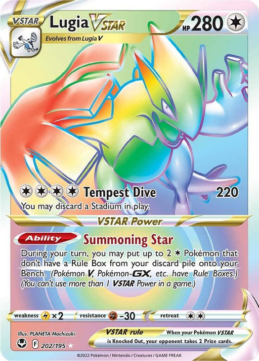 A Pokémon Lugia VSTAR (202/195) [Sword & Shield: Silver Tempest] trading card depicting Lugia VSTAR from the Silver Tempest set. The card features vibrant artwork of Lugia in a dynamic pose with rainbow-colored waves. It has 280 HP and includes the attack "Tempest Dive" and the "Summoning Star" VSTAR Power ability. Decorations feature various icons and text details.