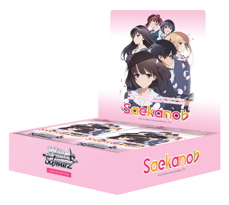 A pink display box featuring Bushiroad's Saekano How to Raise a Boring Girlfriend. flat - Booster Box English Edition. The box showcases an image of seven anime characters, with three in the background and four in the foreground. Bold text reads "Saekano: How to Raise a Boring Girlfriend," perfect for anime booster packs.