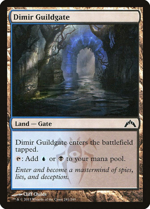 A Magic: The Gathering Dimir Guildgate [Gatecrash] from Gatecrash, illustrated by Cliff Childs. The artwork depicts a mysterious, water-filled passageway framed by rocky walls and illuminated by a soft, eerie blue glow. The game text details its function: it enters the battlefield tapped and adds blue or black mana.