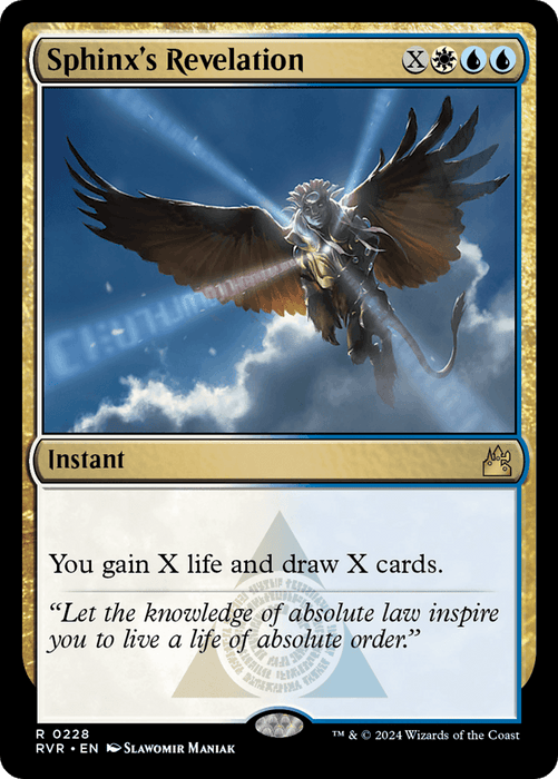 The image depicts a Magic: The Gathering card, "Sphinx's Revelation [Ravnica Remastered]," from the Ravnica Remastered set. It shows a winged sphinx with a glowing staff flying above clouds. This rare instant spell, with a gold and blue border, allows the player to gain X life and draw X cards. Text reads: “Let the knowledge of absolute law inspire you to live a life