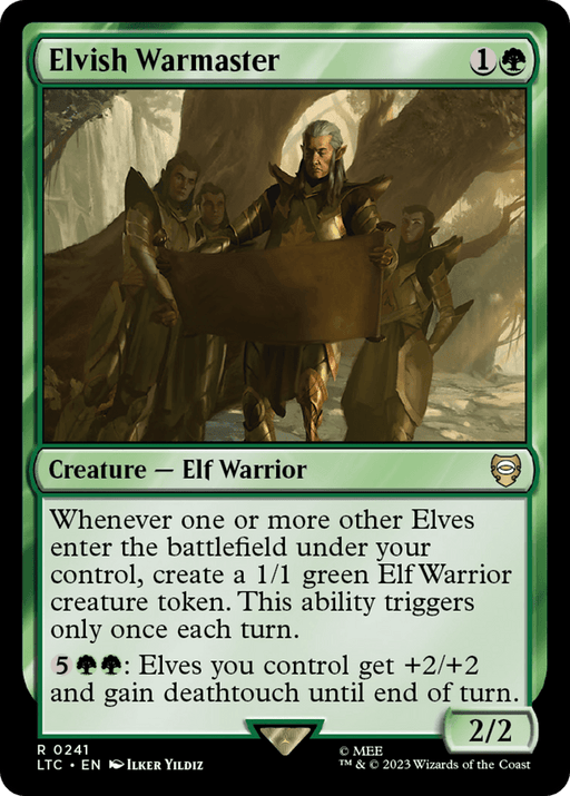 Card image of Elvish Warmaster [The Lord of the Rings: Tales of Middle-Earth Commander] from Magic: The Gathering, showing an Elf Warrior leader in a forest, wielding a sword with several elf warriors behind. The green-bordered card indicates a green spell. Top includes the title, cost, type, and artist. The bottom displays its abilities, stats, and legal information.