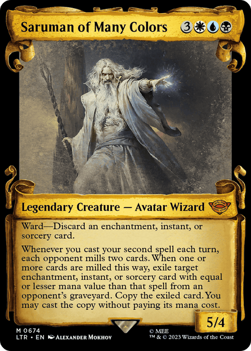 A Magic: The Gathering card titled "Saruman of Many Colors [The Lord of the Rings: Tales of Middle-Earth Showcase Scrolls]" with a golden border from The Lord of the Rings series. This mythic card features a bearded, white-haired Avatar Wizard holding a staff. It costs 3 generic mana, 1 blue mana, and 2 white mana to cast and has spell-casting abilities with power/toughness of 5/4.