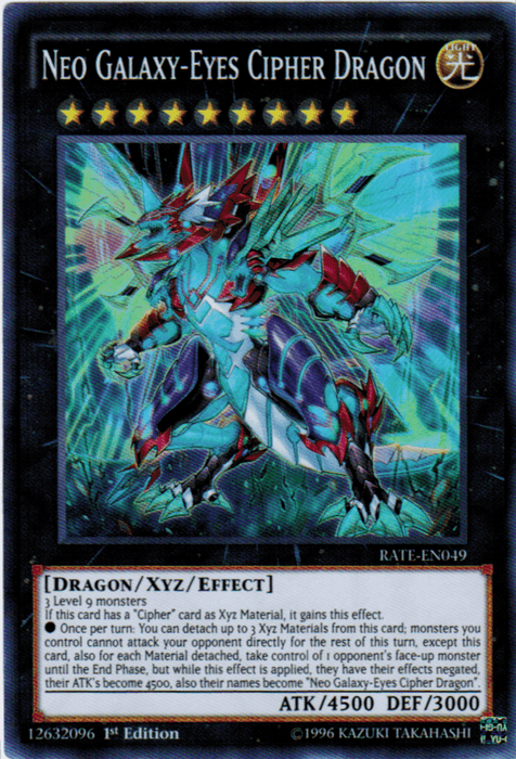 A Yu-Gi-Oh! trading card named "Neo Galaxy-Eyes Cipher Dragon [RATE-EN049] Super Rare," an Xyz/Effect Monster. It depicts a white and blue dragon with red accents and menacing yellow eyes, surrounded by a glowing aura. The card features various game stats, such as ATK 4500 and DEF 3000, along with a detailed description of its effects.