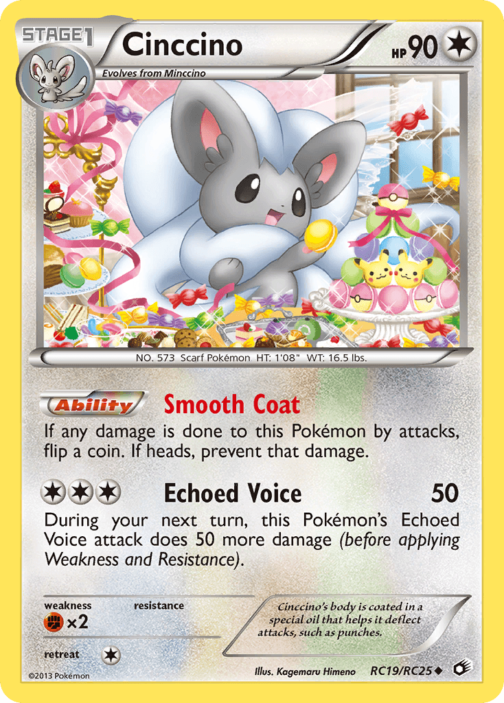 The image showcases a rare Pokémon trading card, Cinccino (RC19/RC25), from the Black & White: Legendary Treasures series. Depicted as a small Colorless Pokémon with gray and white coloring, Cinccino features large ears and a bushy tail. The card highlights its stats: HP 90, with abilities 