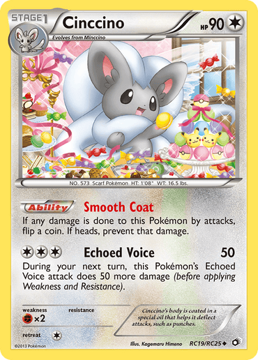 The image showcases a rare Pokémon trading card, Cinccino (RC19/RC25), from the Black & White: Legendary Treasures series. Depicted as a small Colorless Pokémon with gray and white coloring, Cinccino features large ears and a bushy tail. The card highlights its stats: HP 90, with abilities "Smooth Coat" and "Echoed Voice.