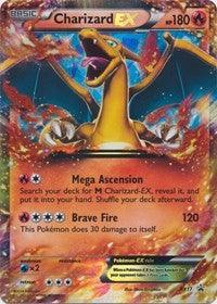 The Charizard EX (XY17) Jumbo Card from the Pokémon Black Star Promos series portrays Charizard in flight, engulfed in flames. This holographic card boasts vibrant, fiery colors and features attacks like 