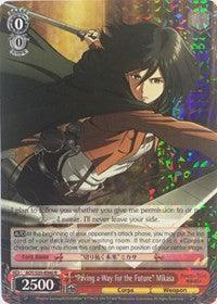 A rare character card features Mikasa Ackerman from "Attack on Titan." She wields Corps Weapons with a serious expression amidst a dynamic background. The card includes stats (2500 power) and special effects text, showcasing its gameplay attributes. It is holographic with a shimmering finish. This exclusive item is the "Paving a Way for the Future" Mikasa (AOT/S35-E060 R) [Attack on Titan] card, brought to you by Bushiroad.