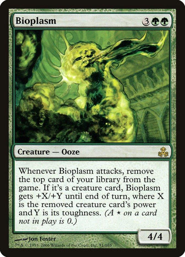 A Magic: The Gathering product titled "Bioplasm [Guildpact]". It depicts a green, amorphous ooze creature with a black border, indicating rarity. Its mana cost is three generic and two green. The card text describes its ability to gain power and toughness equal to another removed creature card's stats. It has 4/4 power and toughness.