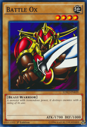 Image of a "Battle Ox [LDK2-ENK09] Common" Yu-Gi-Oh! trading card. This Normal Monster from the Legendary Decks II set showcases a muscular beast-warrior with ox horns, wielding a tremendous double-edged axe. The card features an ATK of 1700 and DEF of 1000, along with a brief character description and unique identifier "LDK2-ENK09.