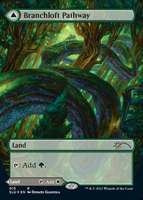 Image of the Magic: The Gathering card "Branchloft Pathway // Boulderloft Pathway (Borderless)" from Secret Lair: Ultimate Edition 2. This rare land card features an intricate, tree-covered forest scene with winding, illuminated branches. It offers the ability to add green mana. Artist credit goes to Donato Giancola.