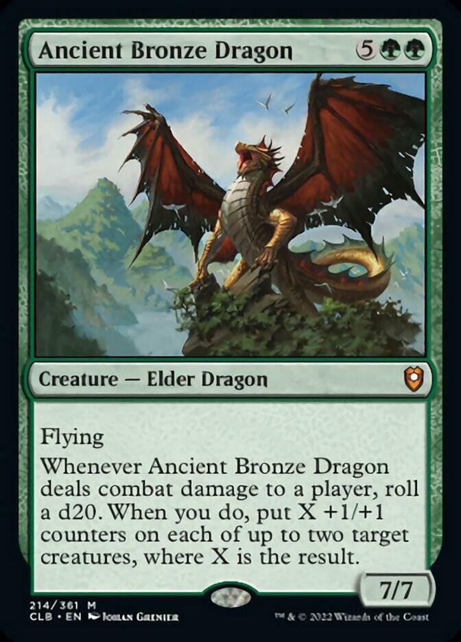 A trading card from "Commander Legends: Battle for Baldur's Gate" depicting the "Ancient Bronze Dragon" from Magic: The Gathering. The Elder Dragon, with red wings and a bronze body, is perched on rocks against a mountainous background. The card details its abilities, casting cost, and stats, including its flying capability and special effect triggered by rolling a d20.