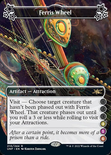 A Magic: The Gathering card titled "Ferris Wheel (4-5-6) [Unfinity]." This Artifact - Attraction has a visit ability that phases out a chosen target creature. The card's flavor text reads, "After a certain point, it becomes more of a prison than a ride.”